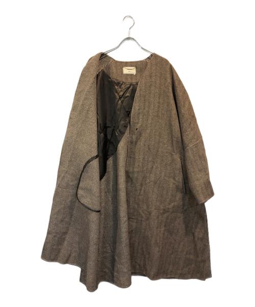 ebure（エブール）ebure (エブール) Ron Herman (ロンハーマン) 別注ヘリンボーンノーカラーコート ブラウン サイズ:36の古着・服飾アイテム