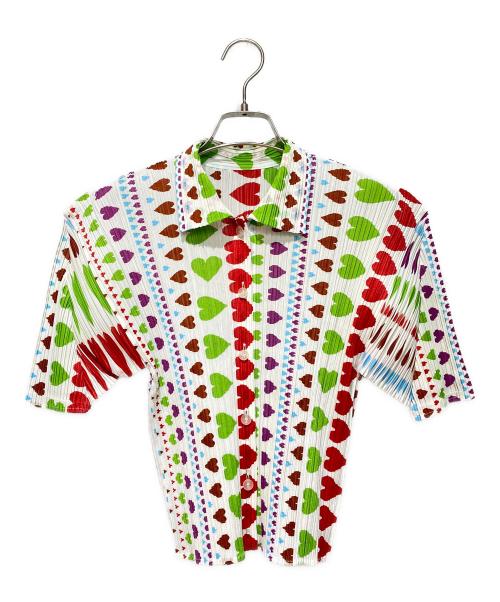 PLEATS PLEASE（プリーツプリーズ）PLEATS PLEASE (プリーツプリーズ) ハート柄半袖プリーツシャツ ホワイト サイズ:3の古着・服飾アイテム