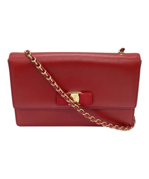 Salvatore Ferragamo（サルヴァトーレ フェラガモ）Salvatore Ferragamo (サルヴァトーレ フェラガモ) ヴァラリボンチェーンショルダーバッグ レッドの古着・服飾アイテム