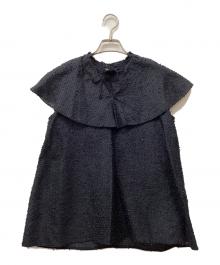 DRAWER（ドゥロワー）の古着「オーガンボーダーラッフルカラーブラウス」｜ネイビー