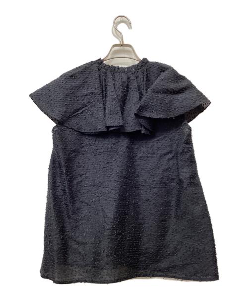 DRAWER（ドゥロワー）DRAWER (ドゥロワー) オーガンボーダーラッフルカラーブラウス ネイビー サイズ:36の古着・服飾アイテム