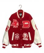 A BATHING APEアベイシングエイプ）の古着「DEBOSSED CAMO LEATHER SLEEVE OVERSIZED VARSITY JACKET」｜レッド