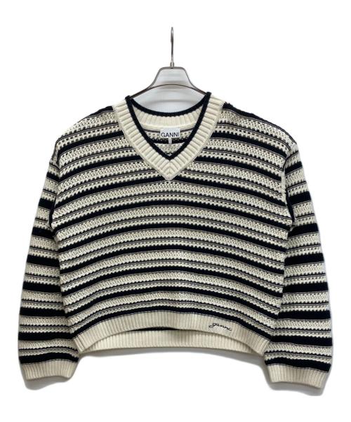 GANNI（ガニー）Ganni (ガニー) Striped Cotton Pointelle V-neck ホワイト サイズ:FREEの古着・服飾アイテム