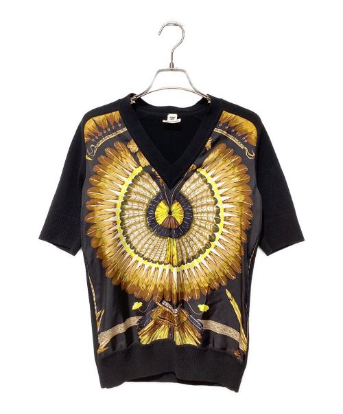 HERMES（エルメス）HERMES (エルメス) スカーフ柄切り替えVネックニット ブラック サイズ:34の古着・服飾アイテム