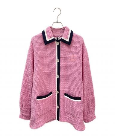 MIU MIU レザーパイピング ツイードノーカラージャケット Amelia Gray Cropped Miu Miu Jacket – Luxe Edgy Style