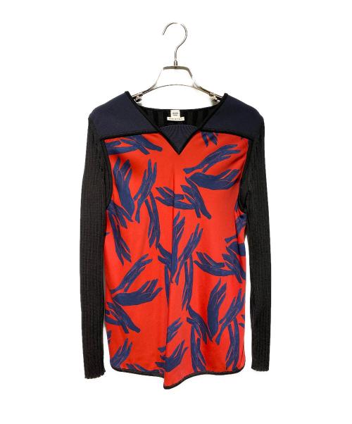 HERMES（エルメス）HERMES (エルメス) 切替Vネックニット ブラック×レッド サイズ:38の古着・服飾アイテム