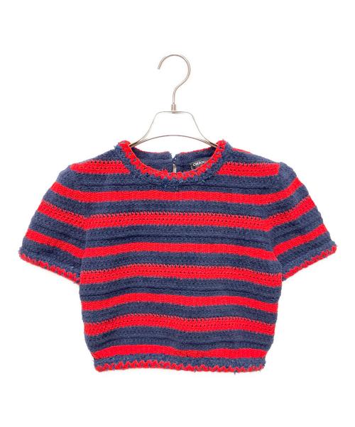 CHANEL（シャネル）CHANEL (シャネル) ボーダークロップドニット/半袖ニット ネイビー×レッド サイズ:36の古着・服飾アイテム