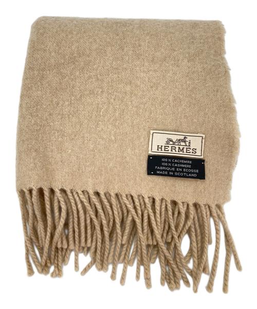 HERMES（エルメス）HERMES (エルメス) ロゴ刺繍カシミヤマフラー ベージュの古着・服飾アイテム