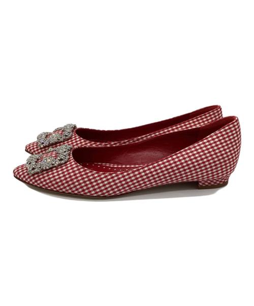 Manolo Blahnik（マノロブラニク）Manolo Blahnik (マノロブラニク) ギンガムチェックフラットパンプス レッド サイズ:37の古着・服飾アイテム