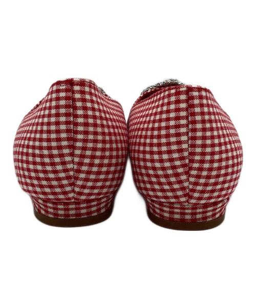 Manolo Blahnik（マノロブラニク）Manolo Blahnik (マノロブラニク) ギンガムチェックフラットパンプス レッド サイズ:37の古着・服飾アイテム