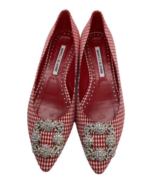 Manolo Blahnik（マノロブラニク）Manolo Blahnik (マノロブラニク) ギンガムチェックフラットパンプス レッド サイズ:37の古着・服飾アイテム