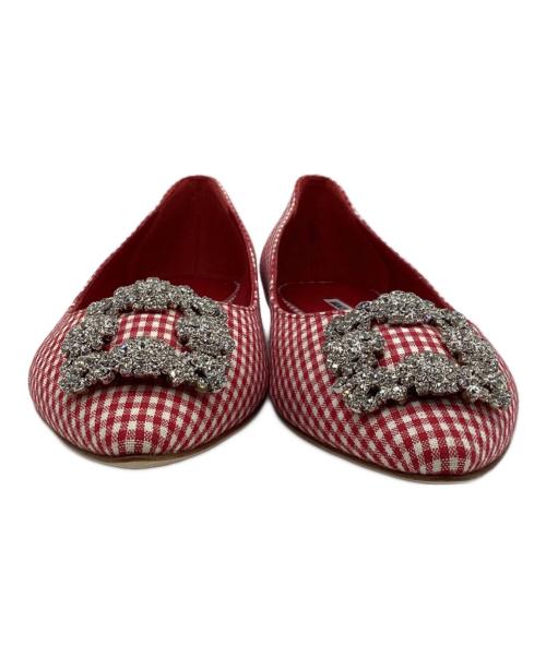 Manolo Blahnik（マノロブラニク）Manolo Blahnik (マノロブラニク) ギンガムチェックフラットパンプス レッド サイズ:37の古着・服飾アイテム