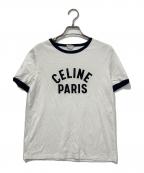 CELINEセリーヌ）の古着「ロゴプリントリンガーTシャツ」｜ホワイト×ネイビー