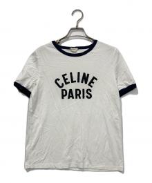 CELINE（セリーヌ）の古着「ロゴプリントリンガーTシャツ」｜ホワイト×ネイビー