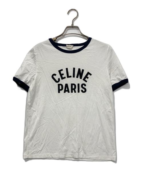 CELINE（セリーヌ）CELINE (セリーヌ) ロゴプリントリンガーTシャツ ホワイト×ネイビー サイズ:Mの古着・服飾アイテム