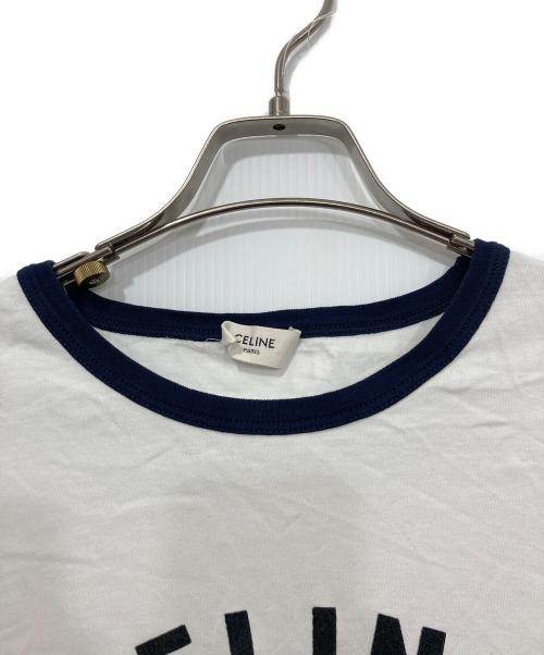 CELINE（セリーヌ）CELINE (セリーヌ) ロゴプリントリンガーTシャツ ホワイト×ネイビー サイズ:Mの古着・服飾アイテム