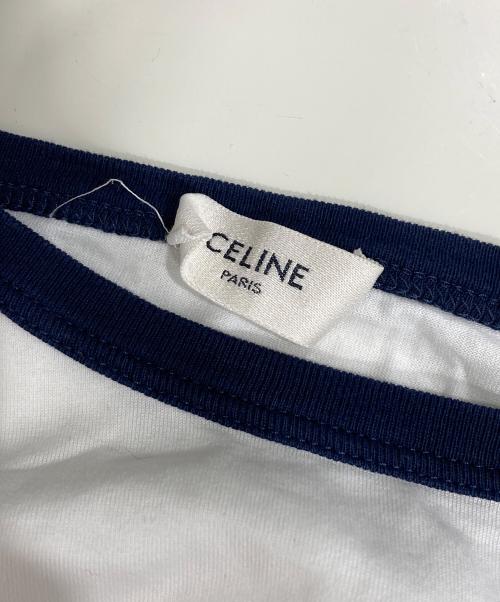 CELINE（セリーヌ）CELINE (セリーヌ) ロゴプリントリンガーTシャツ ホワイト×ネイビー サイズ:Mの古着・服飾アイテム