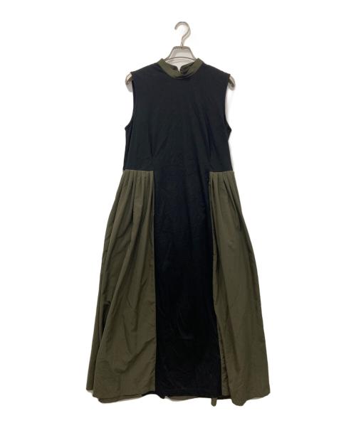 LANVIN en Bleu（ランバンオンブルー）LANVIN en Bleu (ランバンオンブルー) タフタコンビスタンドワンピース ブラック×カーキ サイズ:38の古着・服飾アイテム