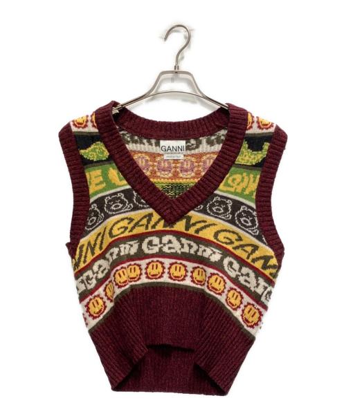 GANNI（ガニー）GANNI (ガニー) RECYCLED WOOL SMILEY KNIT ワインレッド サイズ:XSの古着・服飾アイテム