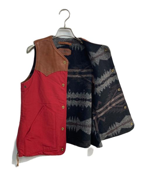 KAPITAL（キャピタル）KAPITAL (キャピタル) レザー切替ベスト　裏オルテガ柄 レッド×グレー サイズ:0の古着・服飾アイテム