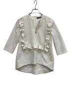 YOKO CHANヨーコチャン）の古着「ロングスリーブフリルトリムパールブラウス」｜ホワイト