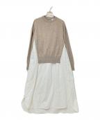 ENFOLDエンフォルド）の古着「ニットレイヤードフレアコンビドレス」｜ブラウン×ホワイト