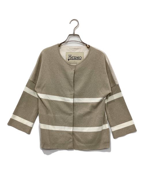 HERNO（ヘルノ）HERNO (ヘルノ) ナイロン切替ラメニットノーカラージャケット ベージュ×アイボリー サイズ:40の古着・服飾アイテム
