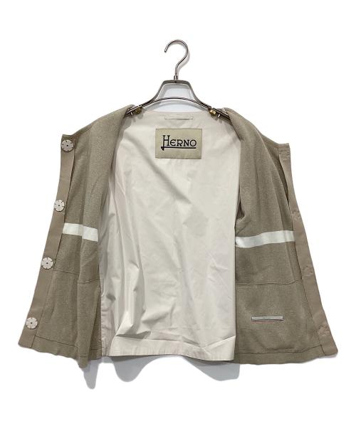HERNO（ヘルノ）HERNO (ヘルノ) ナイロン切替ラメニットノーカラージャケット ベージュ×アイボリー サイズ:40の古着・服飾アイテム
