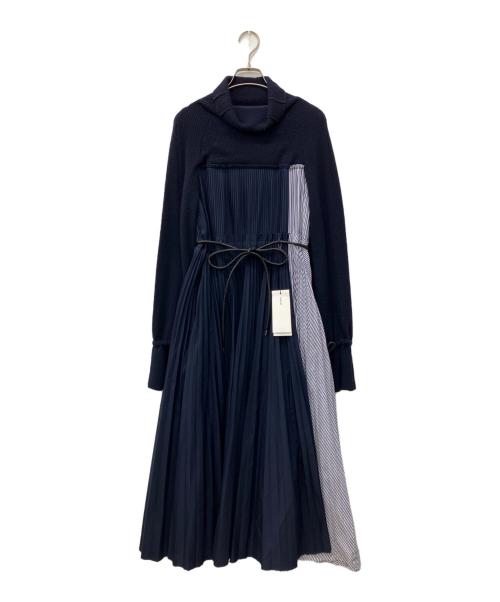 sacai（サカイ）sacai (サカイ) ニットドッキングプリーツワンピース ネイビー サイズ:2の古着・服飾アイテム