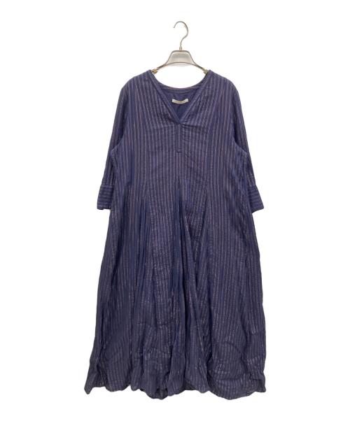 ne quittez pas（ヌキテパ）ne quittez pas (ヌキテパ) Cotton Lurex Stripe V Neck Dress ネイビー サイズ:Lの古着・服飾アイテム