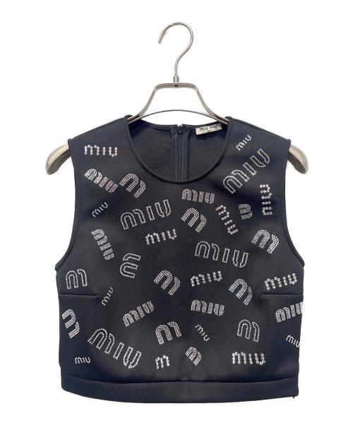 MIU MIU（ミュウミュウ）MIU MIU (ミュウミュウ) Miu Miu Black Stretch Knit Crystal Embellished Logo Crop Top ブラック サイズ:Sの古着・服飾アイテム