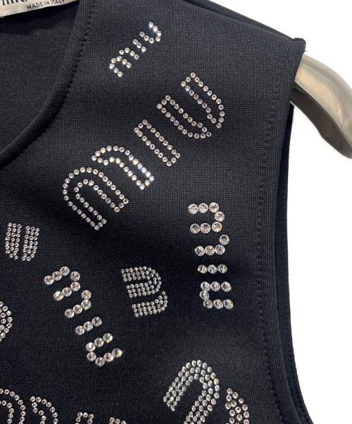 MIU MIU（ミュウミュウ）MIU MIU (ミュウミュウ) Miu Miu Black Stretch Knit Crystal Embellished Logo Crop Top ブラック サイズ:Sの古着・服飾アイテム