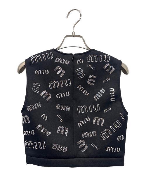 MIU MIU（ミュウミュウ）MIU MIU (ミュウミュウ) Miu Miu Black Stretch Knit Crystal Embellished Logo Crop Top ブラック サイズ:Sの古着・服飾アイテム