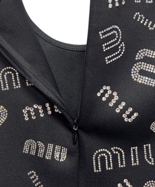 MIU MIU（ミュウミュウ）MIU MIU (ミュウミュウ) Miu Miu Black Stretch Knit Crystal Embellished Logo Crop Top ブラック サイズ:Sの古着・服飾アイテム