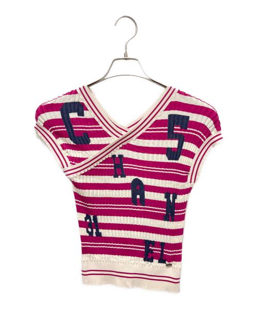 CHANEL（シャネル）CHANEL (シャネル) P60 フレンチスリーブリブニット パープル×ホワイト サイズ:38の古着・服飾アイテム