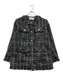 Lily Brown（リリーブラウン）の古着「フリンジツイードノーカラージャケット」｜グリーン