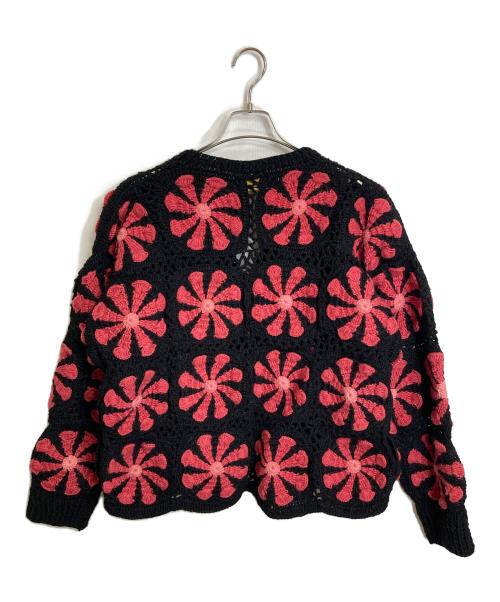 Mcmachan Woolen（マクマーンウーレン）mcmachan woolen (マクマーンウーレン) クロシェフラワージップカーディガン クロシェカーディガン ブラック×ピンク サイズ:不明の古着・服飾アイテム