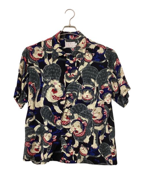 伊賀の京丸屋（イガノキョウマルヤ）伊賀の京丸屋 (イガノキョウマルヤ) 伊賀くみひもアロハシャツ 猫忍者 ネイビー サイズ:Mの古着・服飾アイテム
