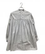Gymphlexジムフレックス）の古着「コットンストライプ チュニックシャツ　ロングシャツ　ノーカラーシャツ」｜グレー