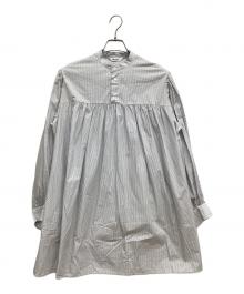 Gymphlex（ジムフレックス）の古着「コットンストライプ チュニックシャツ　ロングシャツ　ノーカラーシャツ」｜グレー