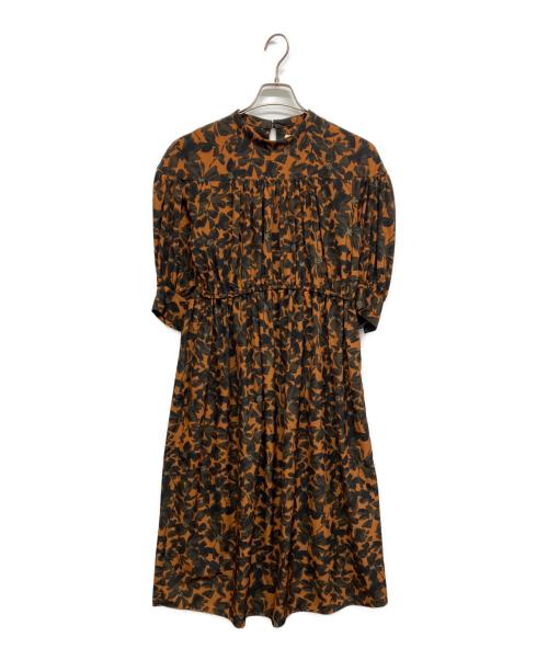 BALLSEY（ボールジィ）BALLSEY (ボールジィ) シルエットフラワープリントギャザーワンピース ブラウン サイズ:34の古着・服飾アイテム