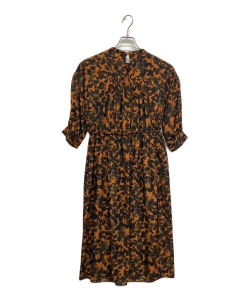 BALLSEY（ボールジィ）BALLSEY (ボールジィ) シルエットフラワープリントギャザーワンピース ブラウン サイズ:34の古着・服飾アイテム