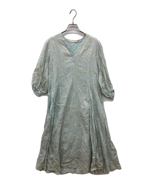ne quittez pas（ヌキテパ）ne quittez pas (ヌキテパ) GOLD FLOWER PRINT PANEL DRESS ゴールドフラワープリントパネルドレス　長袖ワンピース ブルー サイズ:Ｓの古着・服飾アイテム
