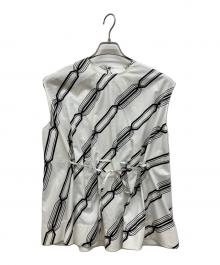 DES PRES（デ プレ）の古着「モノトーンプリント フロントアジャストブラウス」｜ホワイト