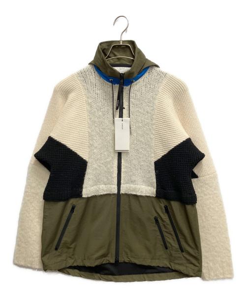 sacai（サカイ）sacai (サカイ) Wool Knit Hoodie ホワイト×オリーブ サイズ:1の古着・服飾アイテム