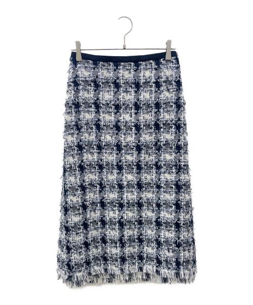 DRAWER（ドゥロワー）Drawer (ドゥロワー) SPRING ツイード チェック フリンジ スカート ネイビー×ホワイト サイズ:36の古着・服飾アイテム