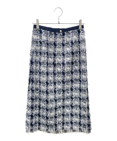 DRAWER（ドゥロワー）Drawer (ドゥロワー) SPRING ツイード チェック フリンジ スカート ネイビー×ホワイト サイズ:36の古着・服飾アイテム