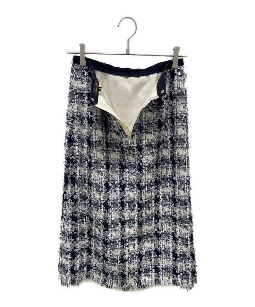DRAWER（ドゥロワー）Drawer (ドゥロワー) SPRING ツイード チェック フリンジ スカート ネイビー×ホワイト サイズ:36の古着・服飾アイテム