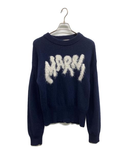 MARNI（マルニ）MARNI (マルニ) シェットランドウールナイロンクルーネックロゴニット ネイビー サイズ:50の古着・服飾アイテム