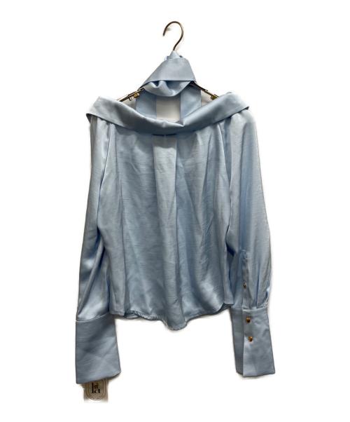 polaura（ポロ―ラ）polaura (ポロ―ラ) ボウタイmany wayオフショルサテンブラウス サックスブルー サイズ:Freeの古着・服飾アイテム